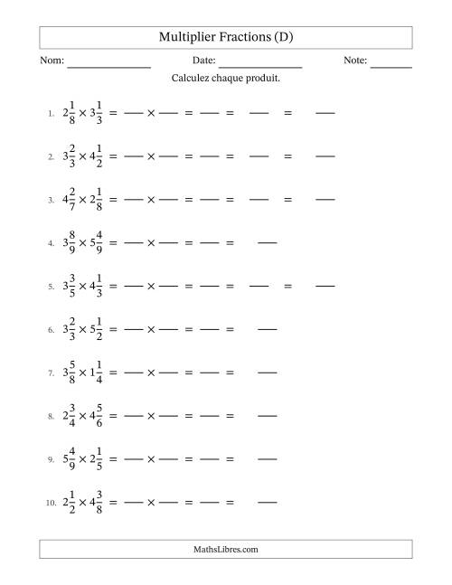 Multiplier deux fractions mixtes, et avec simplification dans quelques problèmes (Remplissable) (D)