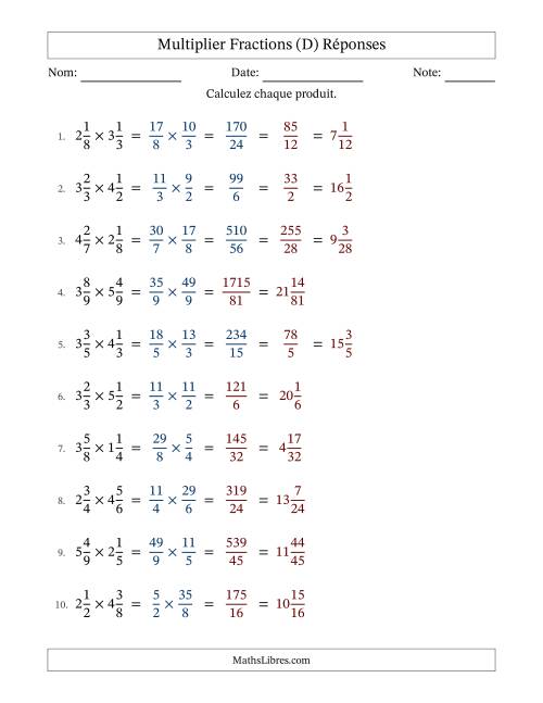 Multiplier deux fractions mixtes, et avec simplification dans quelques problèmes (Remplissable) (D) page 2