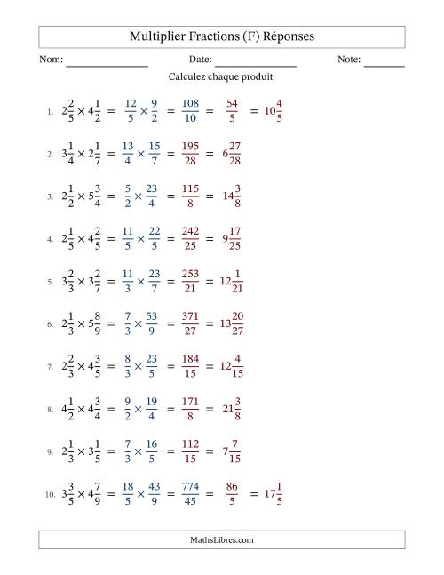 Multiplier deux fractions mixtes, et avec simplification dans quelques problèmes (Remplissable) (F) page 2