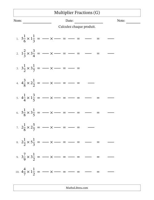 Multiplier deux fractions mixtes, et avec simplification dans quelques problèmes (Remplissable) (G)