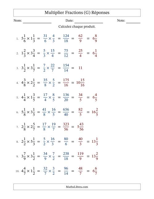 Multiplier deux fractions mixtes, et avec simplification dans quelques problèmes (Remplissable) (G) page 2