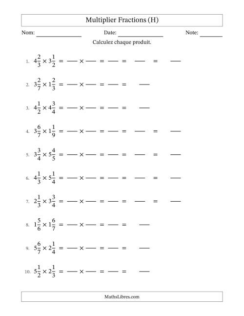 Multiplier deux fractions mixtes, et avec simplification dans quelques problèmes (Remplissable) (H)