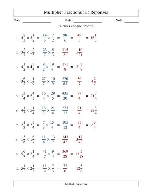 Multiplier deux fractions mixtes, et avec simplification dans quelques problèmes (Remplissable) (H) page 2