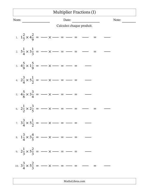 Multiplier deux fractions mixtes, et avec simplification dans quelques problèmes (Remplissable) (I)