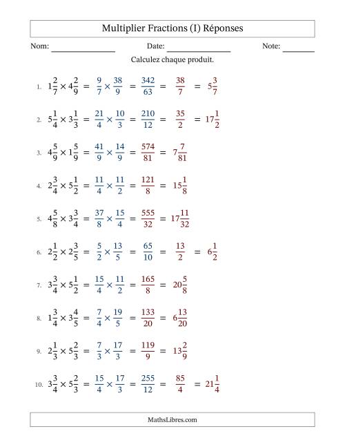 Multiplier deux fractions mixtes, et avec simplification dans quelques problèmes (Remplissable) (I) page 2