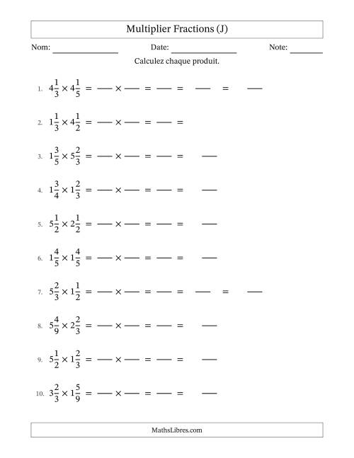 Multiplier deux fractions mixtes, et avec simplification dans quelques problèmes (Remplissable) (J)