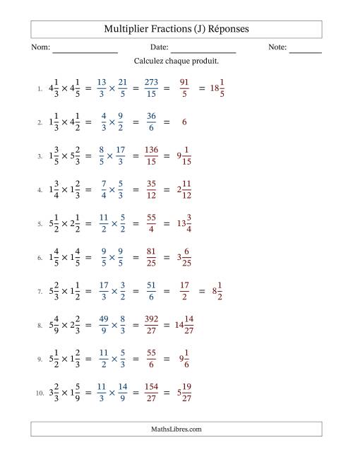 Multiplier deux fractions mixtes, et avec simplification dans quelques problèmes (Remplissable) (J) page 2