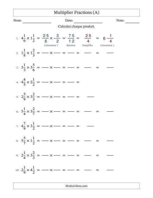 Multiplier deux fractions mixtes, et avec simplification dans quelques problèmes (Remplissable) (Tout)