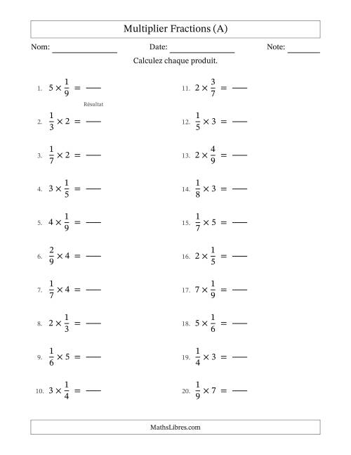 Multiplier fractions propres con nombres éntiers, et sans simplification (Remplissable) (A)