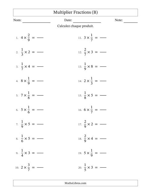 Multiplier fractions propres con nombres éntiers, et sans simplification (Remplissable) (B)