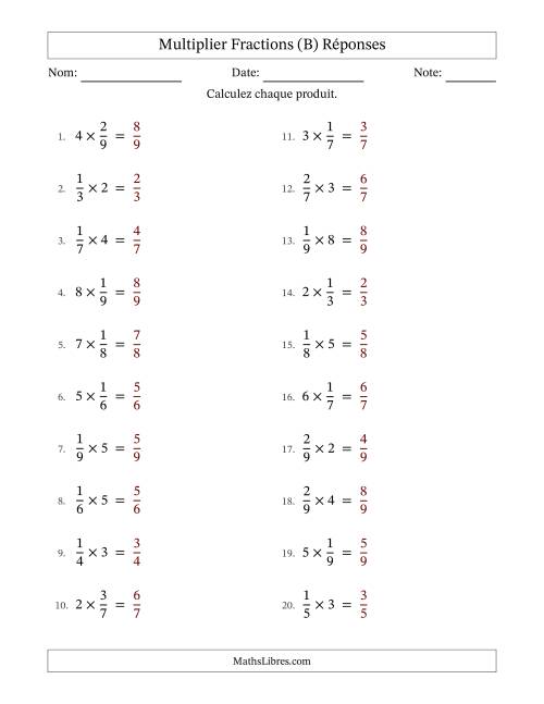 Multiplier fractions propres con nombres éntiers, et sans simplification (Remplissable) (B) page 2
