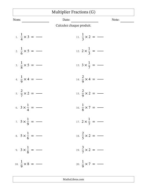 Multiplier fractions propres con nombres éntiers, et sans simplification (Remplissable) (G)