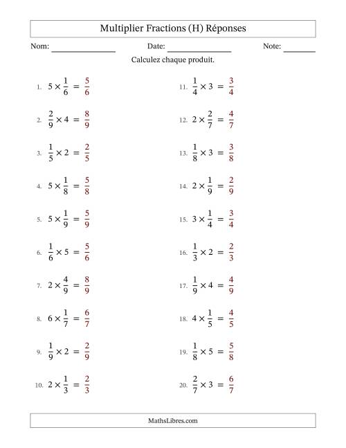 Multiplier fractions propres con nombres éntiers, et sans simplification (Remplissable) (H) page 2