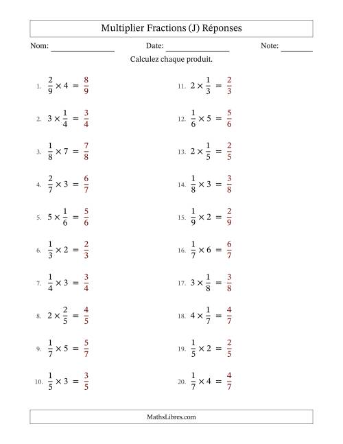 Multiplier fractions propres con nombres éntiers, et sans simplification (Remplissable) (J) page 2