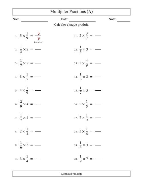 Multiplier fractions propres con nombres éntiers, et sans simplification (Remplissable) (Tout)