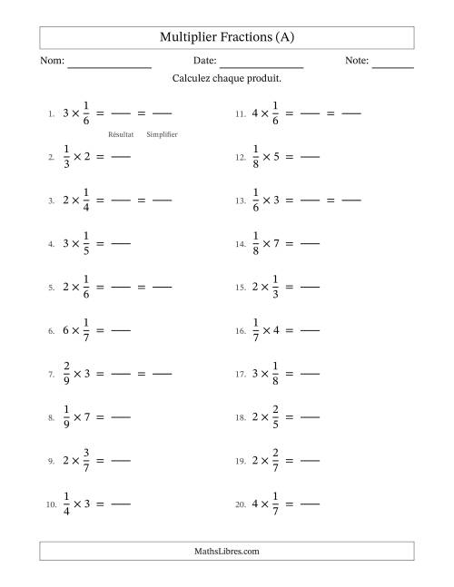 Multiplier fractions propres con nombres éntiers, et avec simplification dans quelques problèmes (Remplissable) (A)