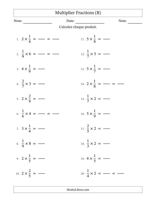 Multiplier fractions propres con nombres éntiers, et avec simplification dans quelques problèmes (Remplissable) (B)