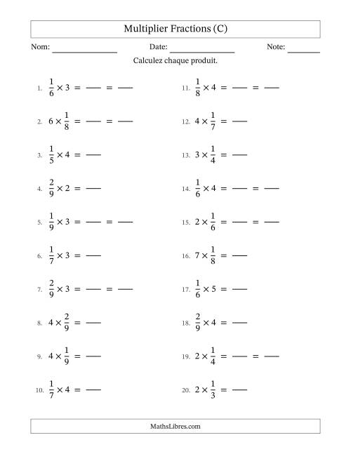 Multiplier fractions propres con nombres éntiers, et avec simplification dans quelques problèmes (Remplissable) (C)