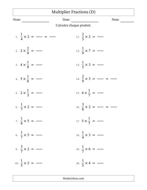 Multiplier fractions propres con nombres éntiers, et avec simplification dans quelques problèmes (Remplissable) (D)