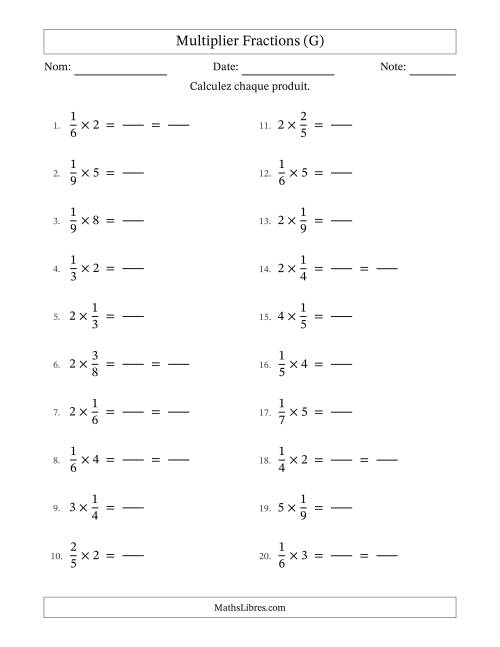 Multiplier fractions propres con nombres éntiers, et avec simplification dans quelques problèmes (Remplissable) (G)