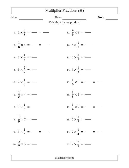 Multiplier fractions propres con nombres éntiers, et avec simplification dans quelques problèmes (Remplissable) (H)