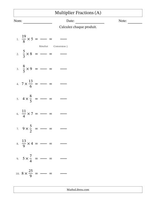 Multiplier Improper Fractions con nombres éntiers, et sans simplification (Remplissable) (A)