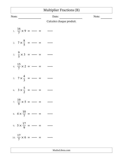 Multiplier Improper Fractions con nombres éntiers, et sans simplification (Remplissable) (B)