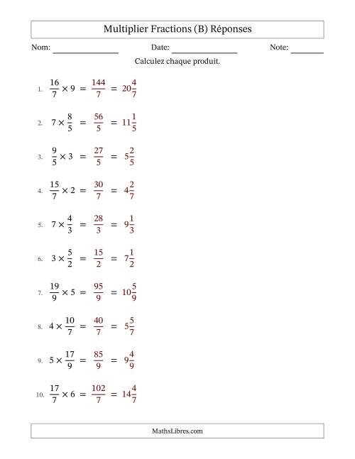 Multiplier Improper Fractions con nombres éntiers, et sans simplification (Remplissable) (B) page 2