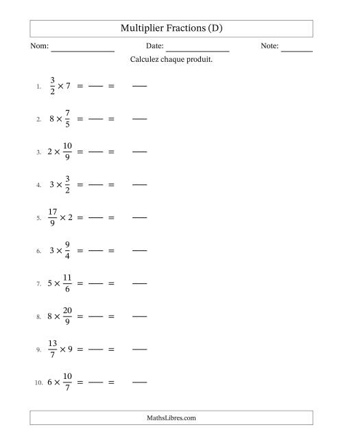 Multiplier Improper Fractions con nombres éntiers, et sans simplification (Remplissable) (D)