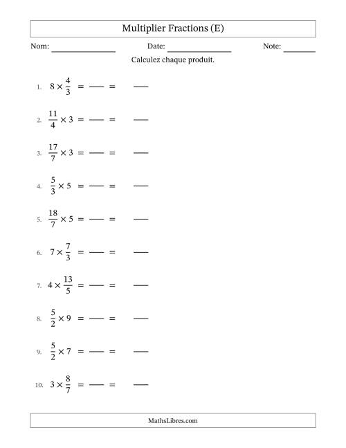 Multiplier Improper Fractions con nombres éntiers, et sans simplification (Remplissable) (E)