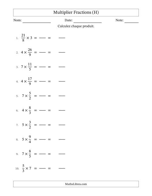 Multiplier Improper Fractions con nombres éntiers, et sans simplification (Remplissable) (H)