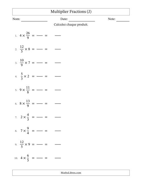Multiplier Improper Fractions con nombres éntiers, et sans simplification (Remplissable) (J)