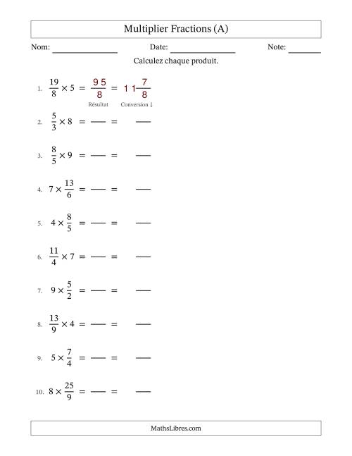 Multiplier Improper Fractions con nombres éntiers, et sans simplification (Remplissable) (Tout)