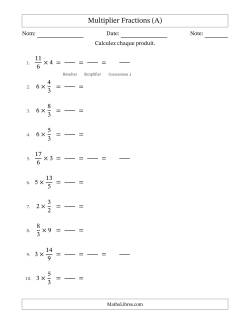 Multiplier Improper Fractions con nombres éntiers, et avec simplification dans tous les problèmes (Remplissable)