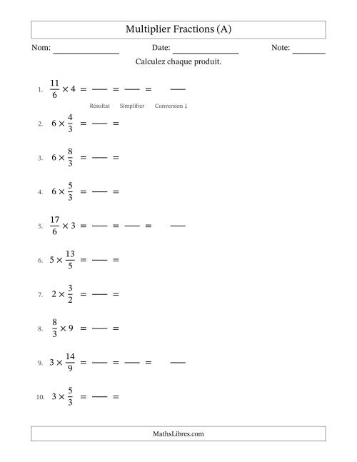 Multiplier Improper Fractions con nombres éntiers, et avec simplification dans tous les problèmes (Remplissable) (A)