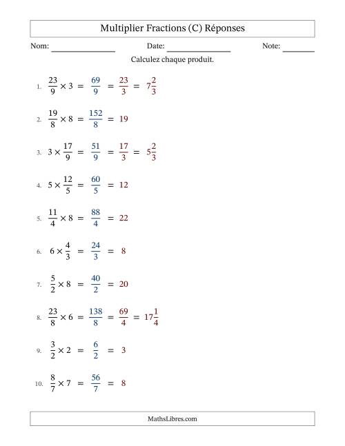 Multiplier Improper Fractions con nombres éntiers, et avec simplification dans tous les problèmes (Remplissable) (C) page 2
