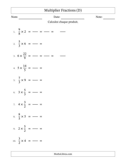 Multiplier Improper Fractions con nombres éntiers, et avec simplification dans tous les problèmes (Remplissable) (D)