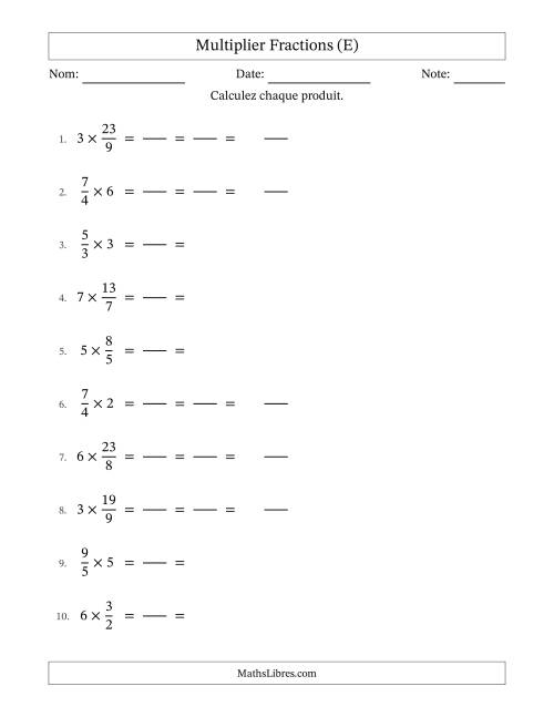 Multiplier Improper Fractions con nombres éntiers, et avec simplification dans tous les problèmes (Remplissable) (E)