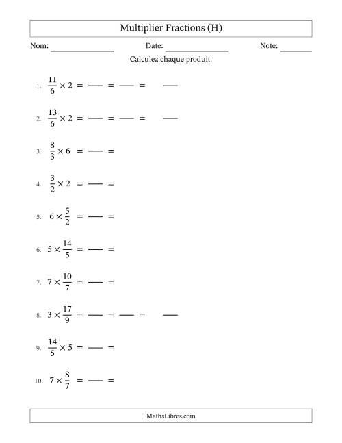 Multiplier Improper Fractions con nombres éntiers, et avec simplification dans tous les problèmes (Remplissable) (H)