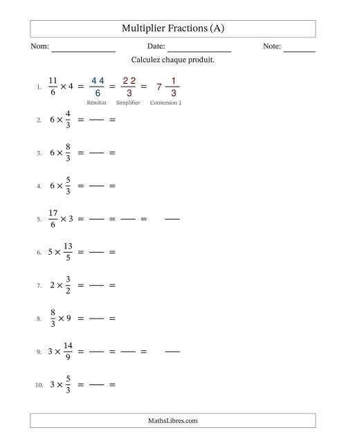Multiplier Improper Fractions con nombres éntiers, et avec simplification dans tous les problèmes (Remplissable) (Tout)