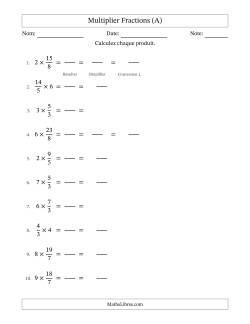 Multiplier Improper Fractions con nombres éntiers, et avec simplification dans quelques problèmes (Remplissable)