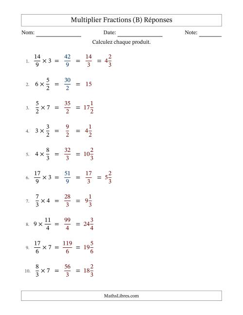 Multiplier Improper Fractions con nombres éntiers, et avec simplification dans quelques problèmes (Remplissable) (B) page 2