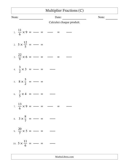 Multiplier Improper Fractions con nombres éntiers, et avec simplification dans quelques problèmes (Remplissable) (C)