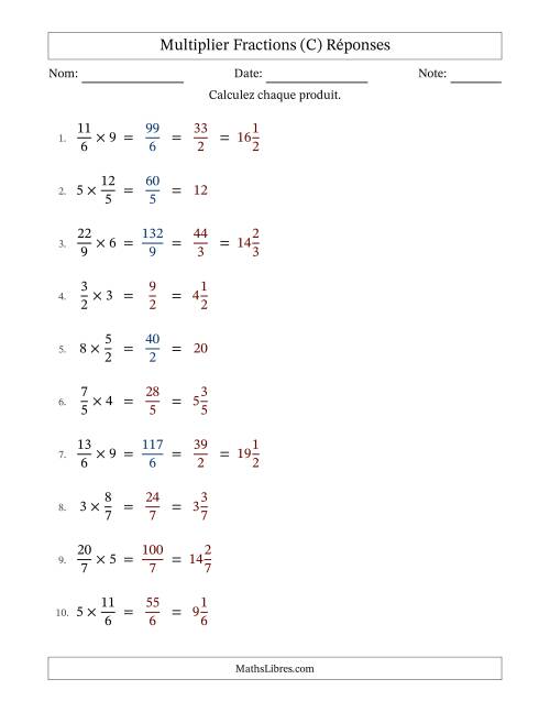 Multiplier Improper Fractions con nombres éntiers, et avec simplification dans quelques problèmes (Remplissable) (C) page 2