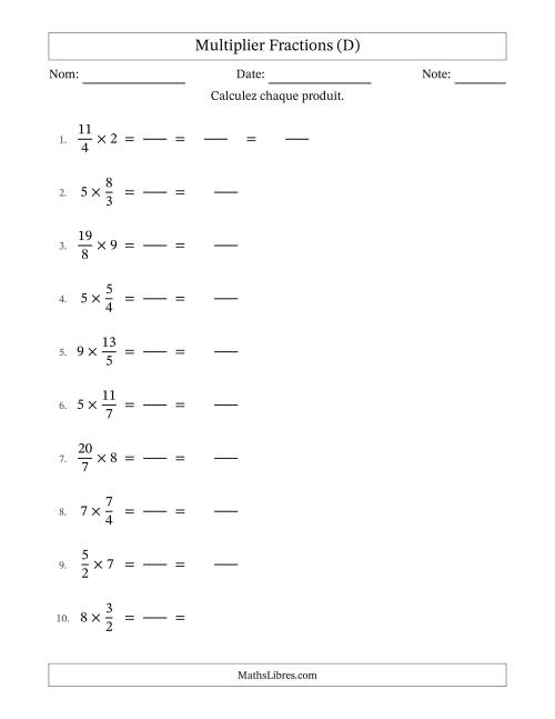 Multiplier Improper Fractions con nombres éntiers, et avec simplification dans quelques problèmes (Remplissable) (D)