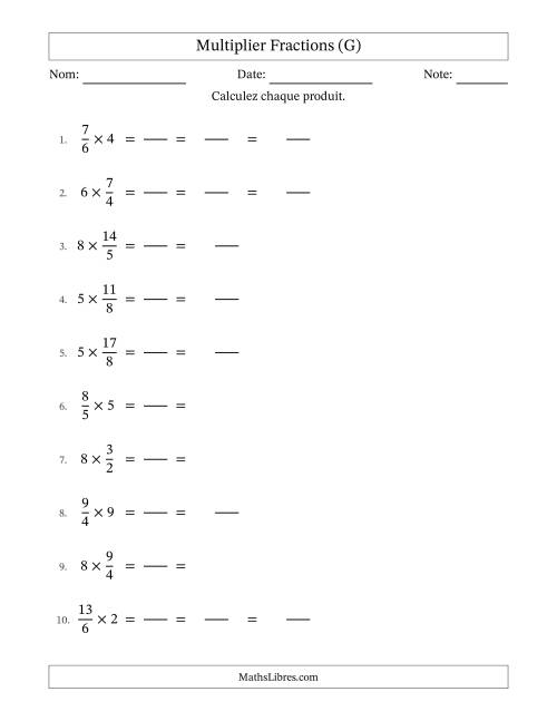 Multiplier Improper Fractions con nombres éntiers, et avec simplification dans quelques problèmes (Remplissable) (G)