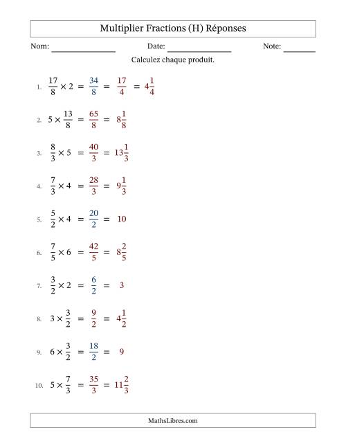 Multiplier Improper Fractions con nombres éntiers, et avec simplification dans quelques problèmes (Remplissable) (H) page 2