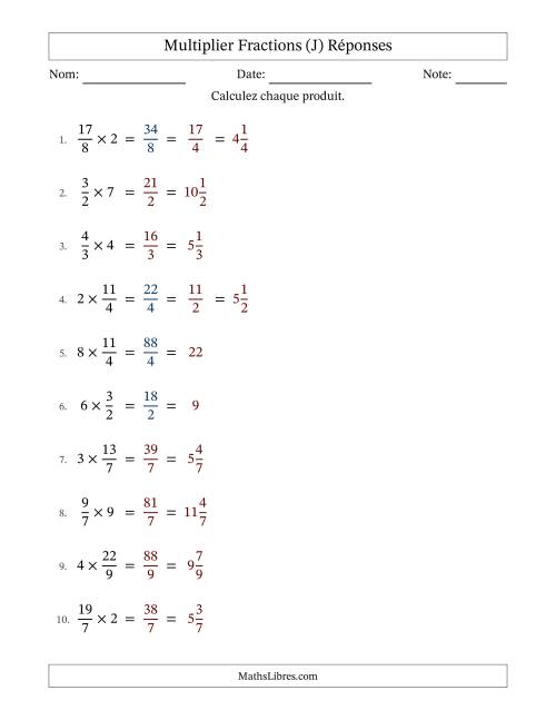 Multiplier Improper Fractions con nombres éntiers, et avec simplification dans quelques problèmes (Remplissable) (J) page 2