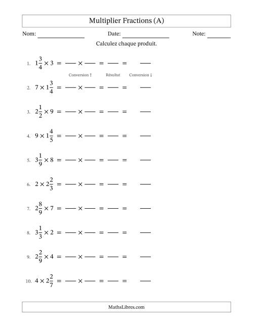 Multiplier fractions mixtes con nombres éntiers, et sans simplification (Remplissable) (A)