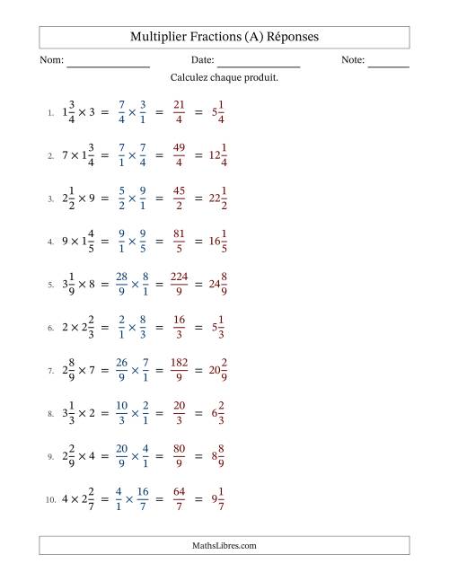 Multiplier fractions mixtes con nombres éntiers, et sans simplification (Remplissable) (A) page 2